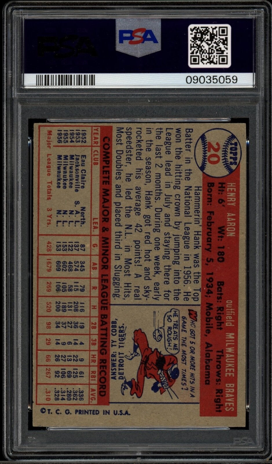 Hank Aaron 1957 Topps Baseball Card #20 PSA 8  *SHARP*