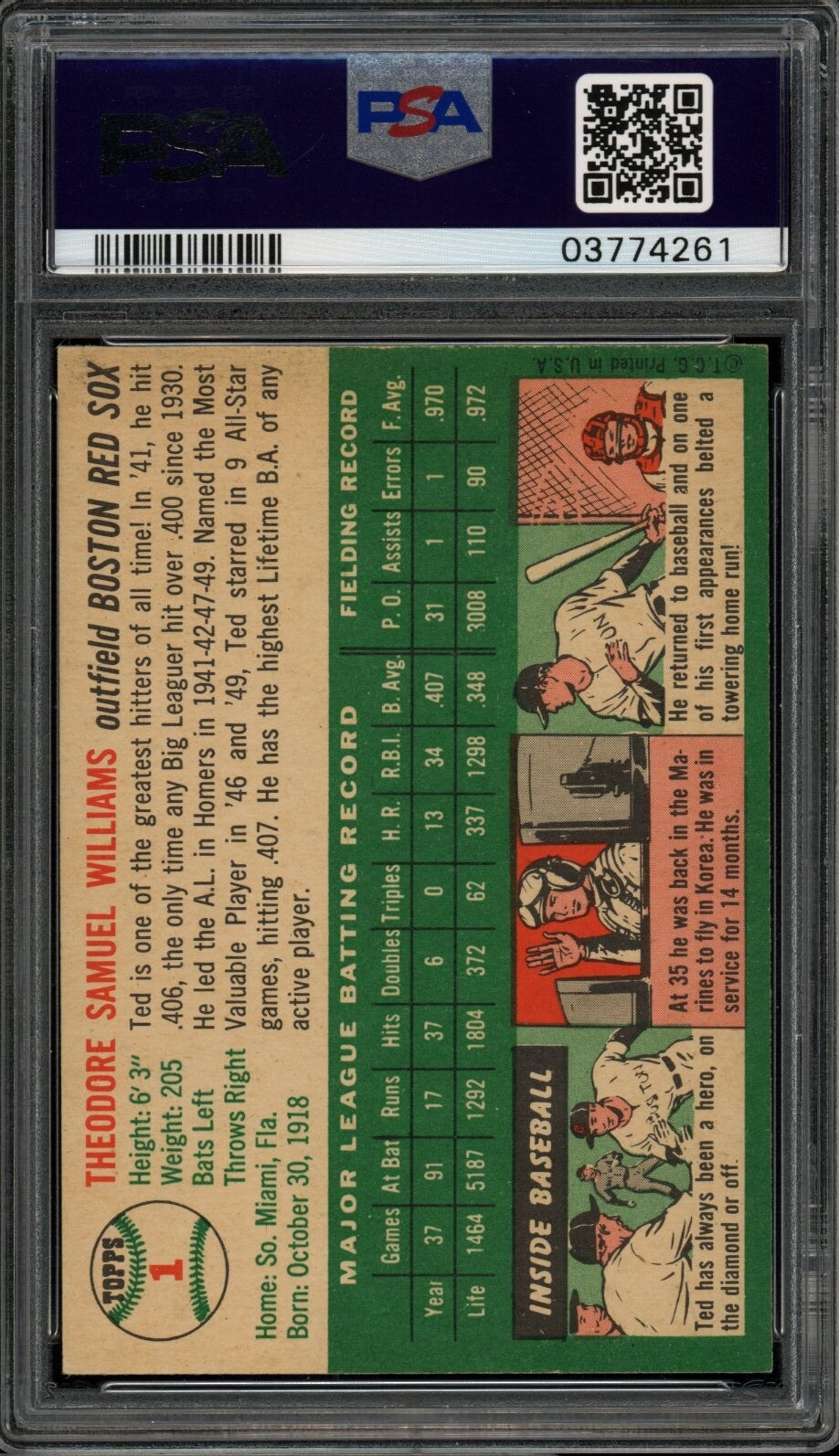 Ted Williams 1954 Topps Card #1 PSA 8.5 *VERY HIGH-END* MBA SILVER DIAMOND POP 1