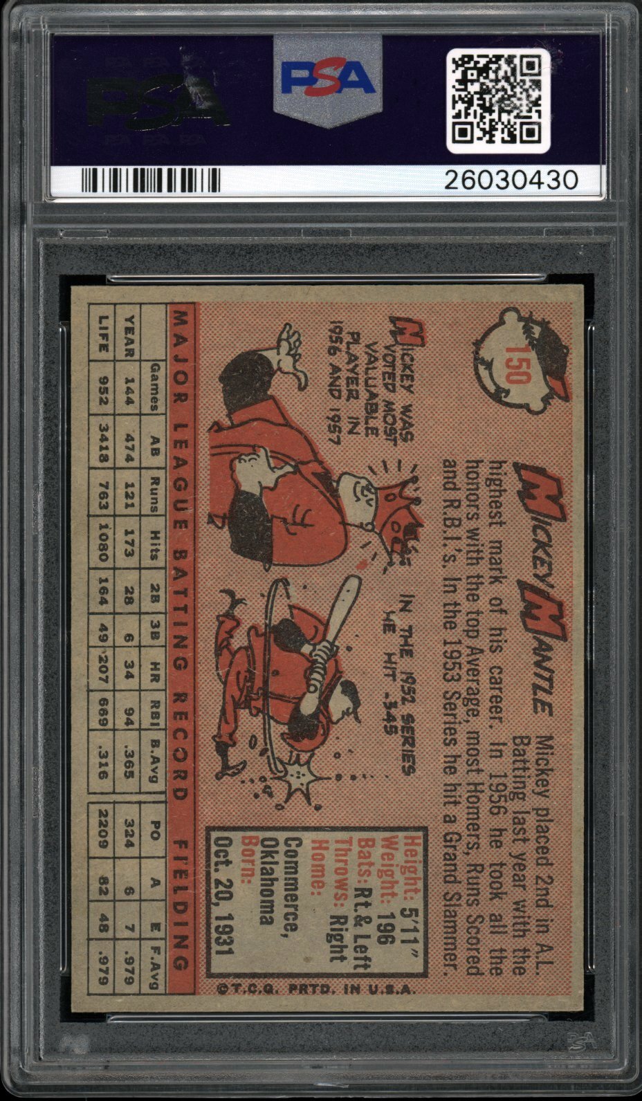 Mickey Mantle 1958 Topps Yankees Card #150 PSA 8.5 *VERY HIGH-END CENTERED*