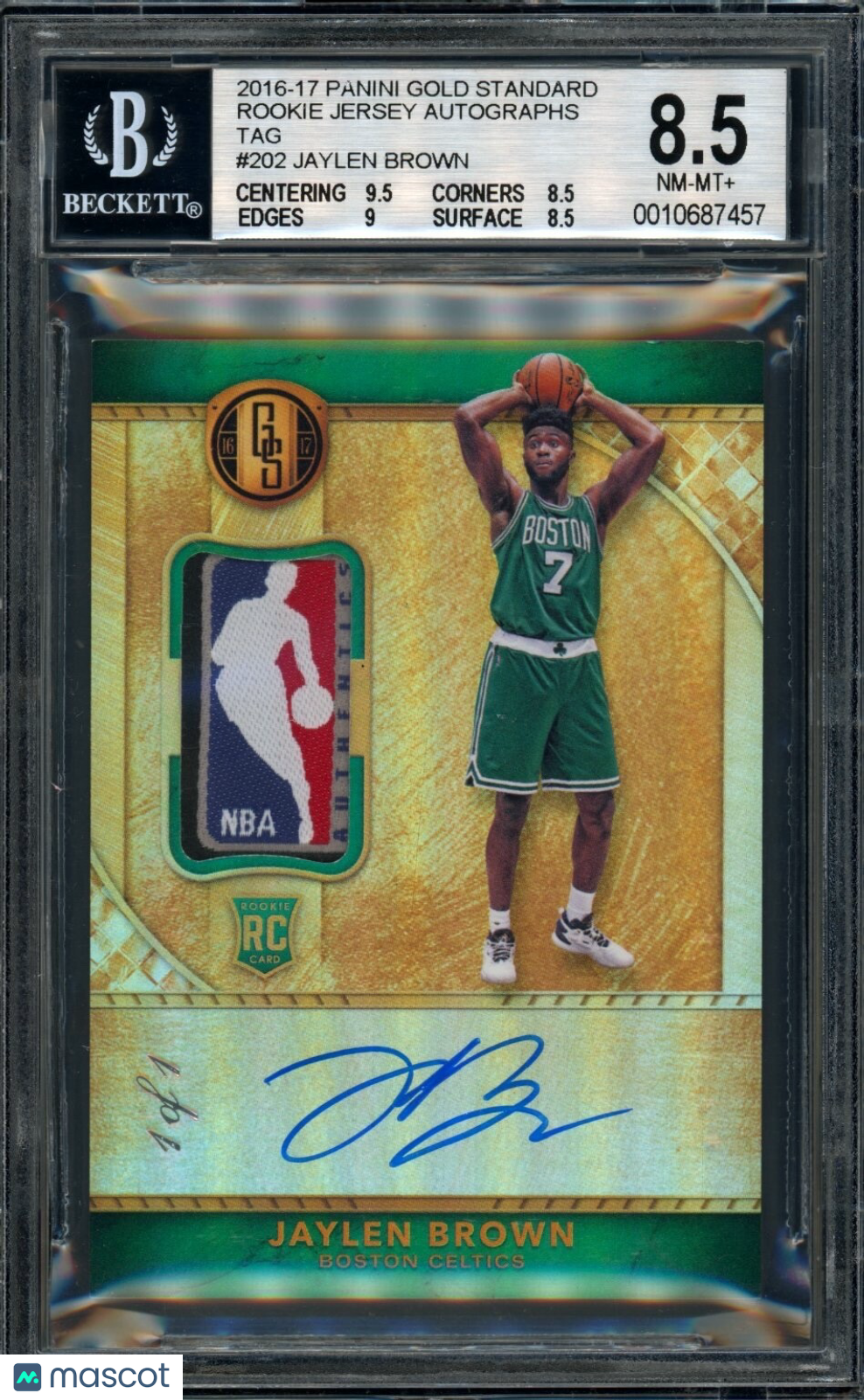Jaylen Brown 2016-17 Rookie Gold Standard Card #202 BGS 8.5 AUTO LOGOMAN 1 of 1