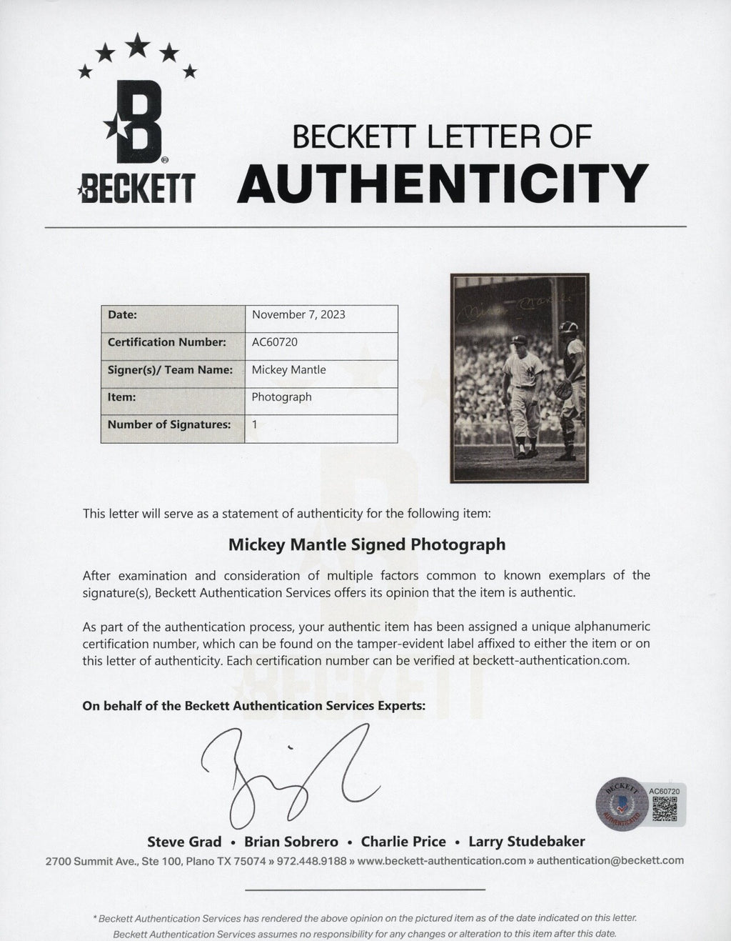 Mickey Mantle 1959 Type 1 Original Photo PSA/DNA DUAL AUTO by Sports Illustrated