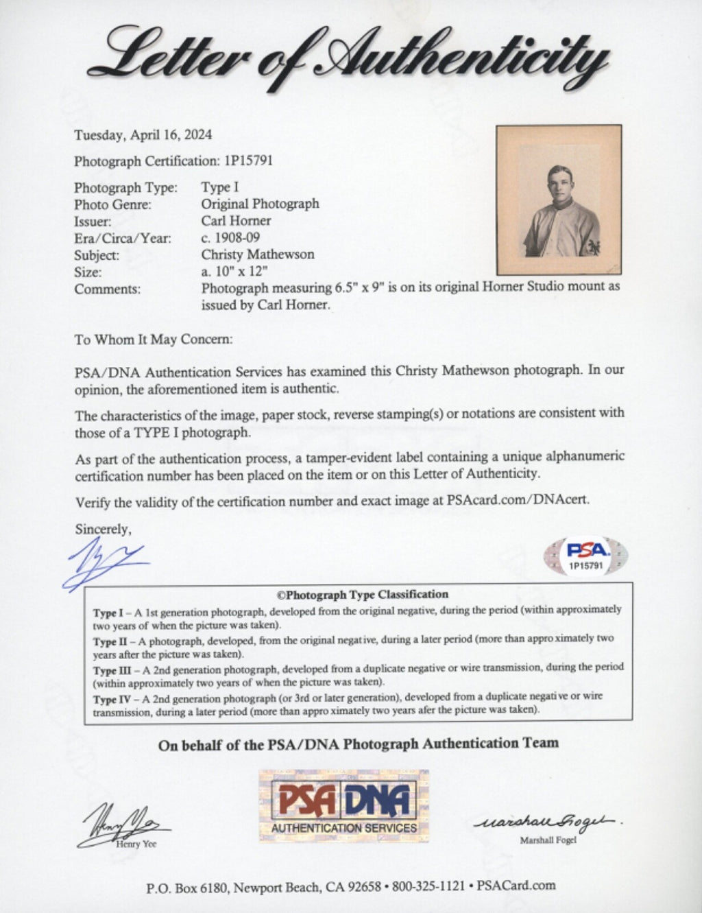 Christy Mathewson 1908 Carl Horner Type 1 Original Photo PSA/DNA