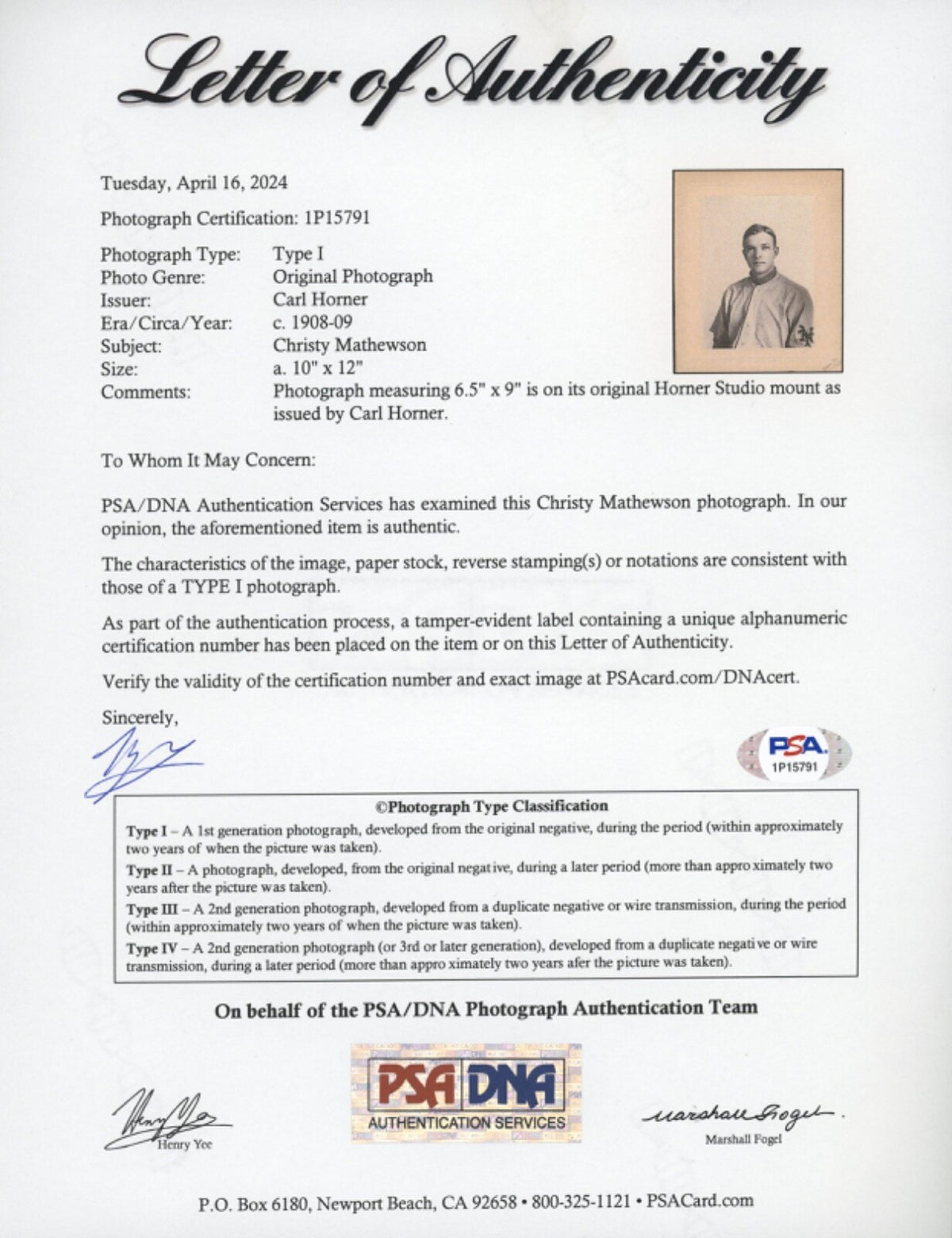 Christy Mathewson 1908 Carl Horner Type 1 Original Photo PSA/DNA