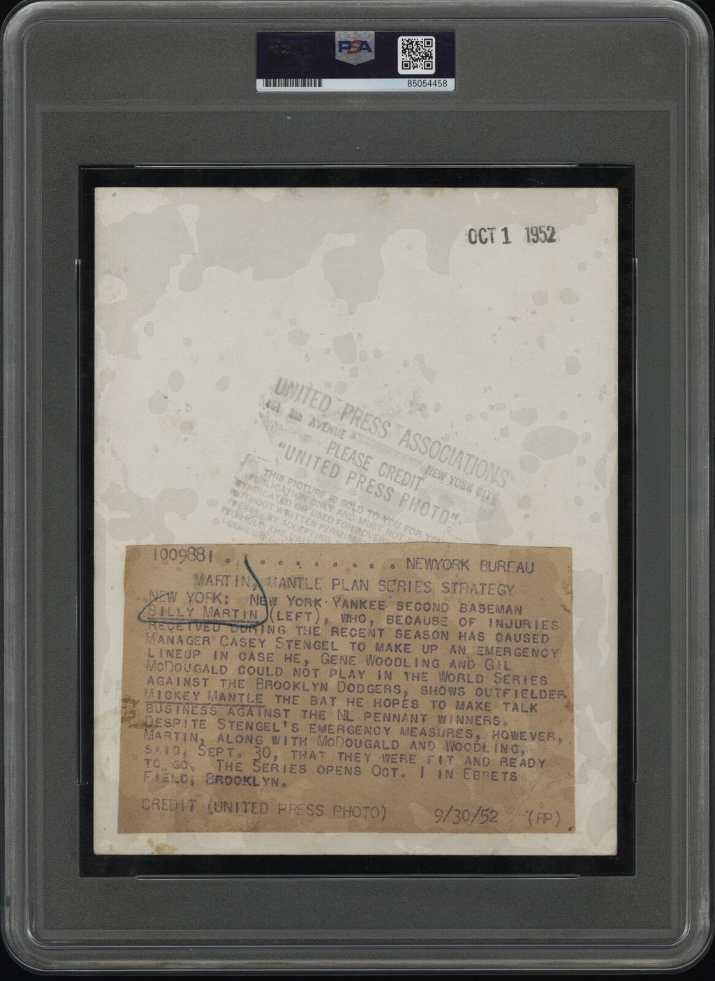 Mickey Mantle 1952 Yankee Stadium w/Billy Martin Type 1 Original Photo PSA/DNA