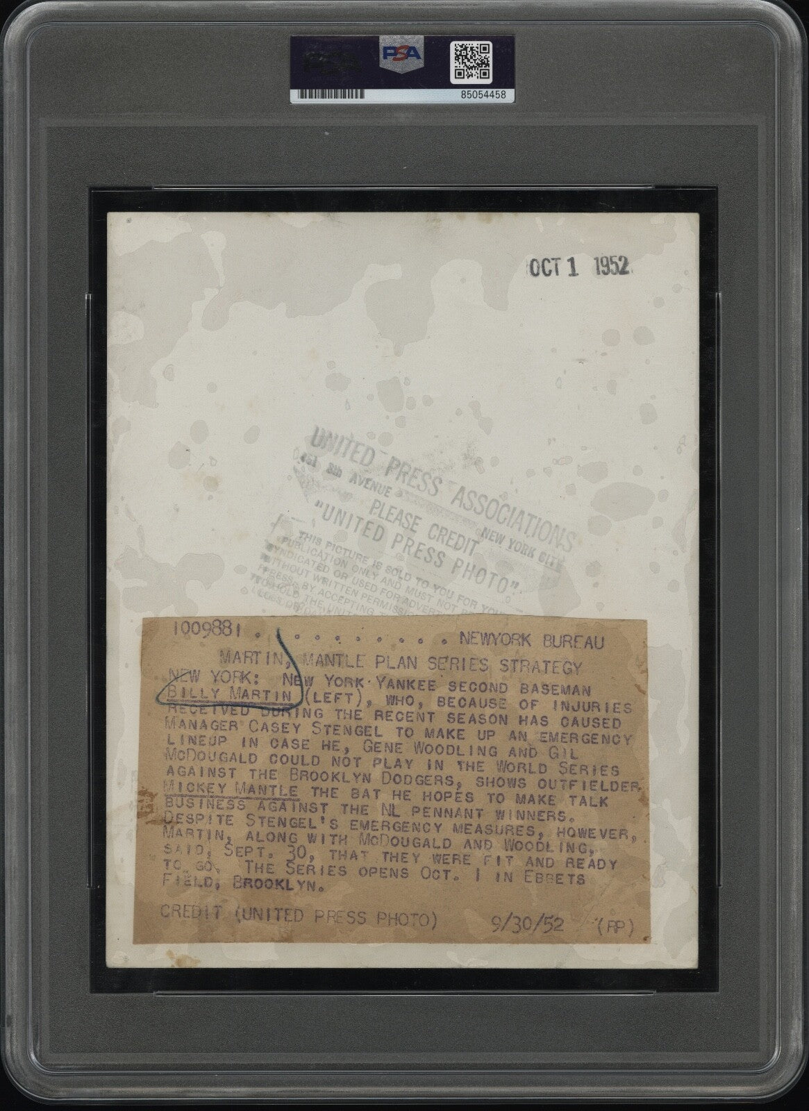 Mickey Mantle 1952 Yankee Stadium w/Billy Martin Type 1 Original Photo PSA/DNA