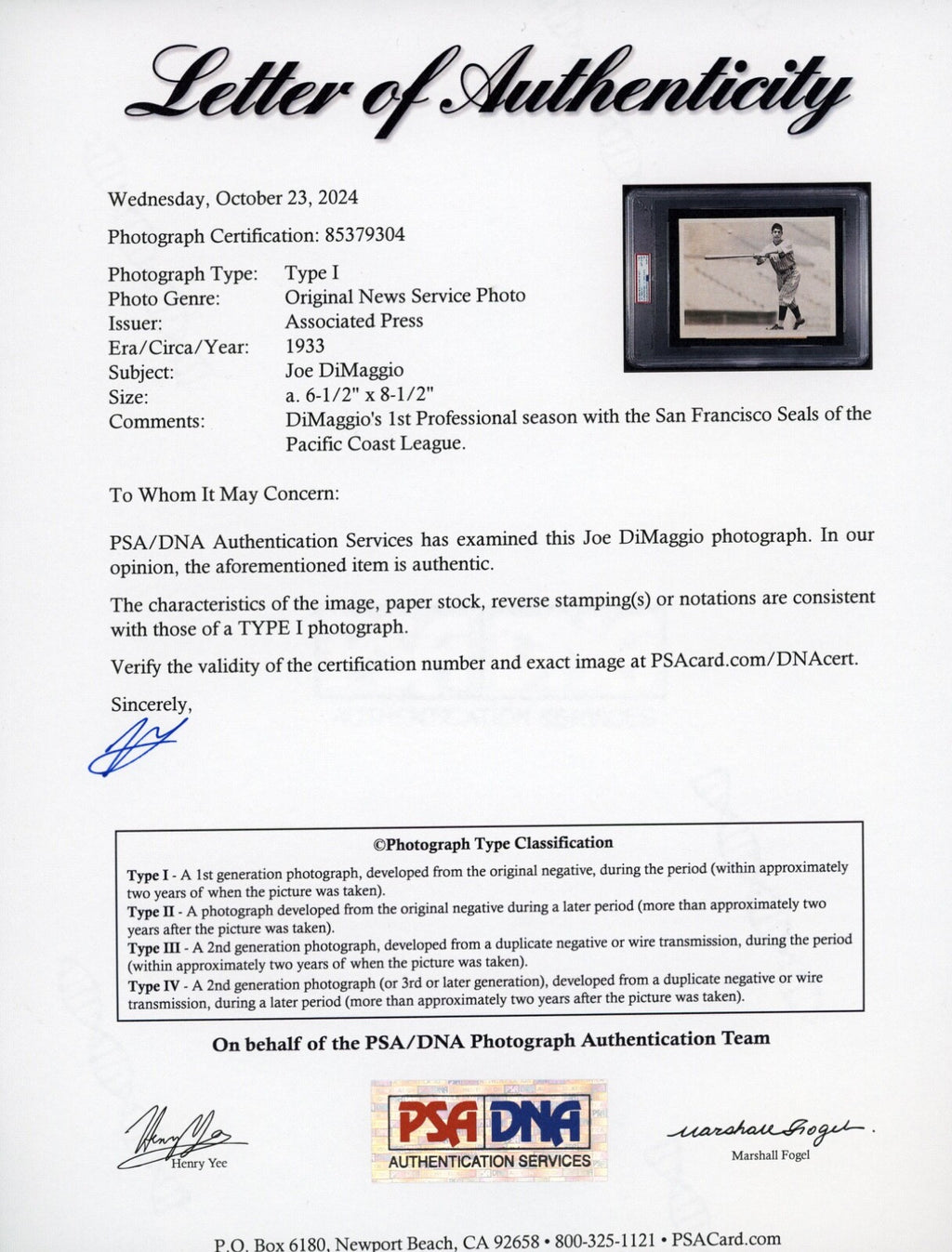 Joe DiMaggio 1933 PCL San Francisco Seals Type 1 Original Photo PSA/DNA RARE!
