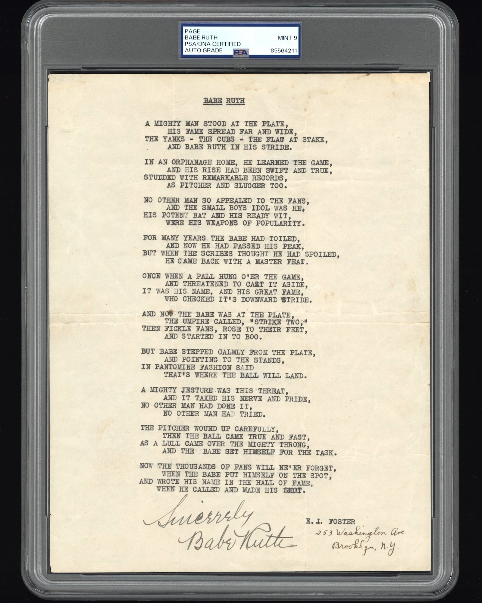 Babe Ruth 1932 Autographed Poem Related to "World Series Called Shot" PSA/DNA 9