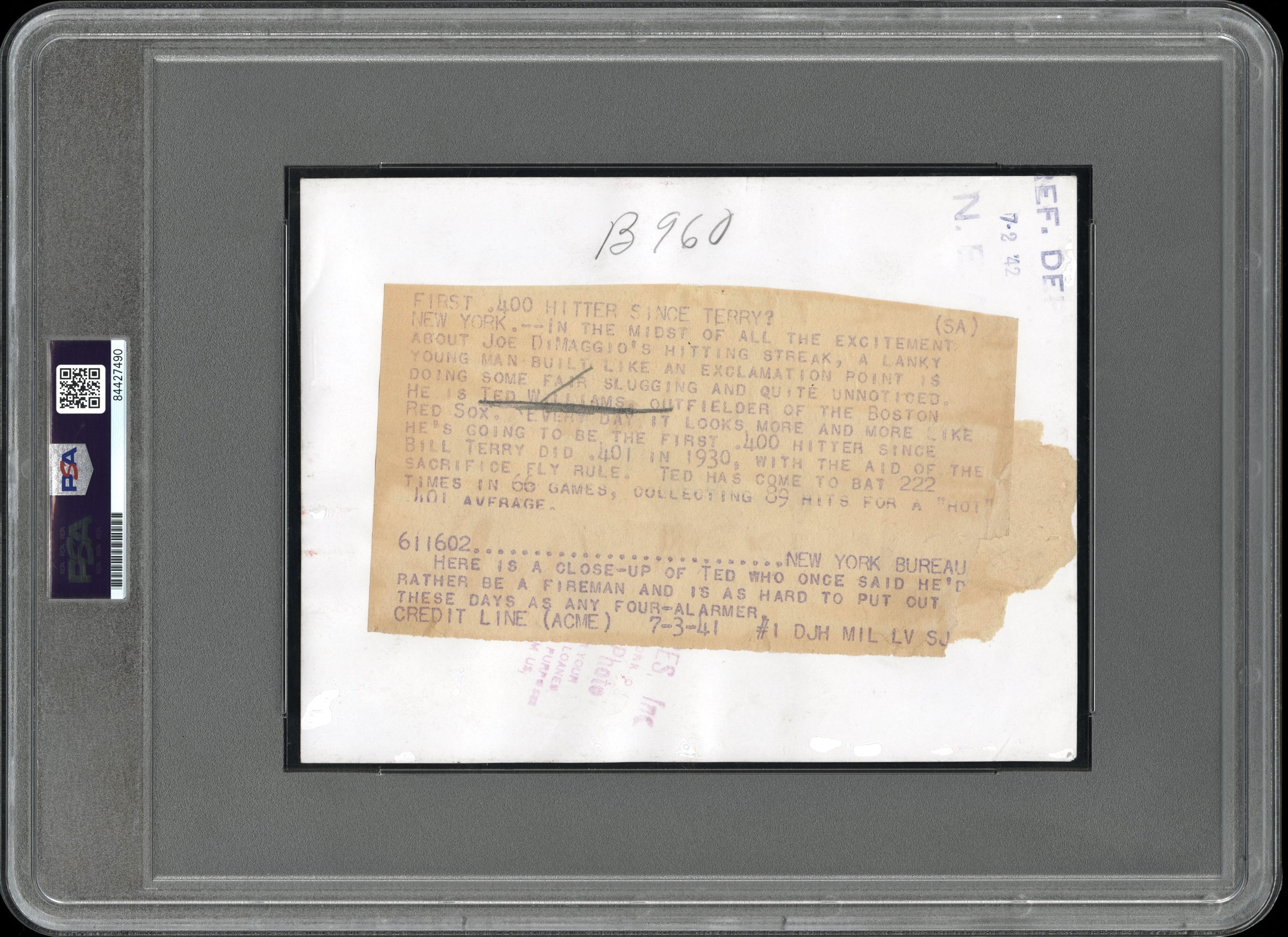 Ted Williams 1941 Red Sox Type I Original Photo PSA/DNA **.406 Batting Season**