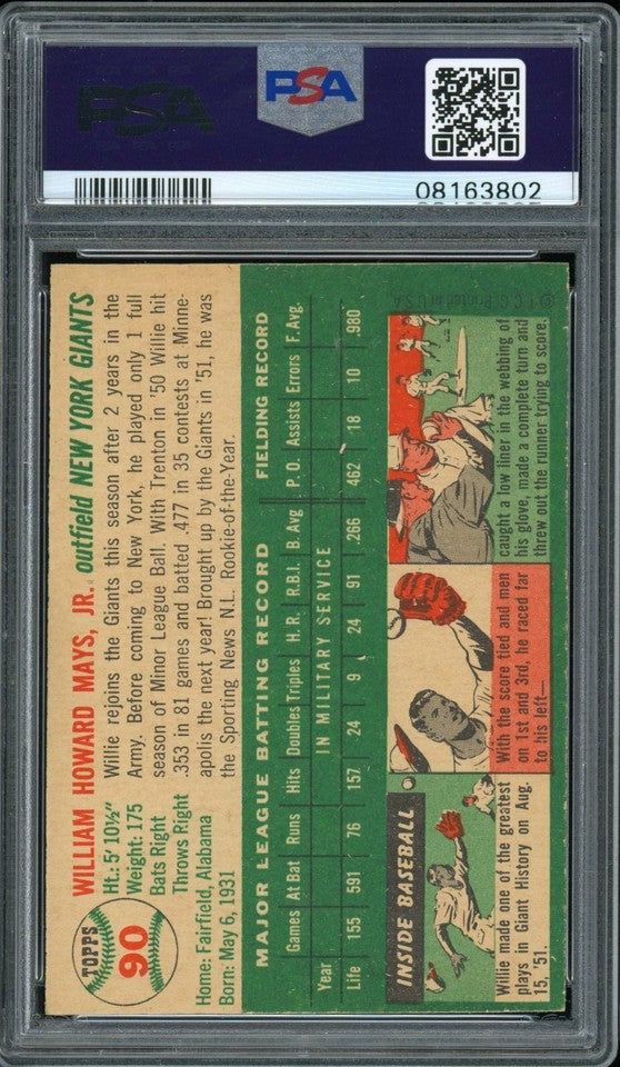 Willie Mays 1954 Topps Baseball New York Giants Card #90 PSA 8 **High-End** M