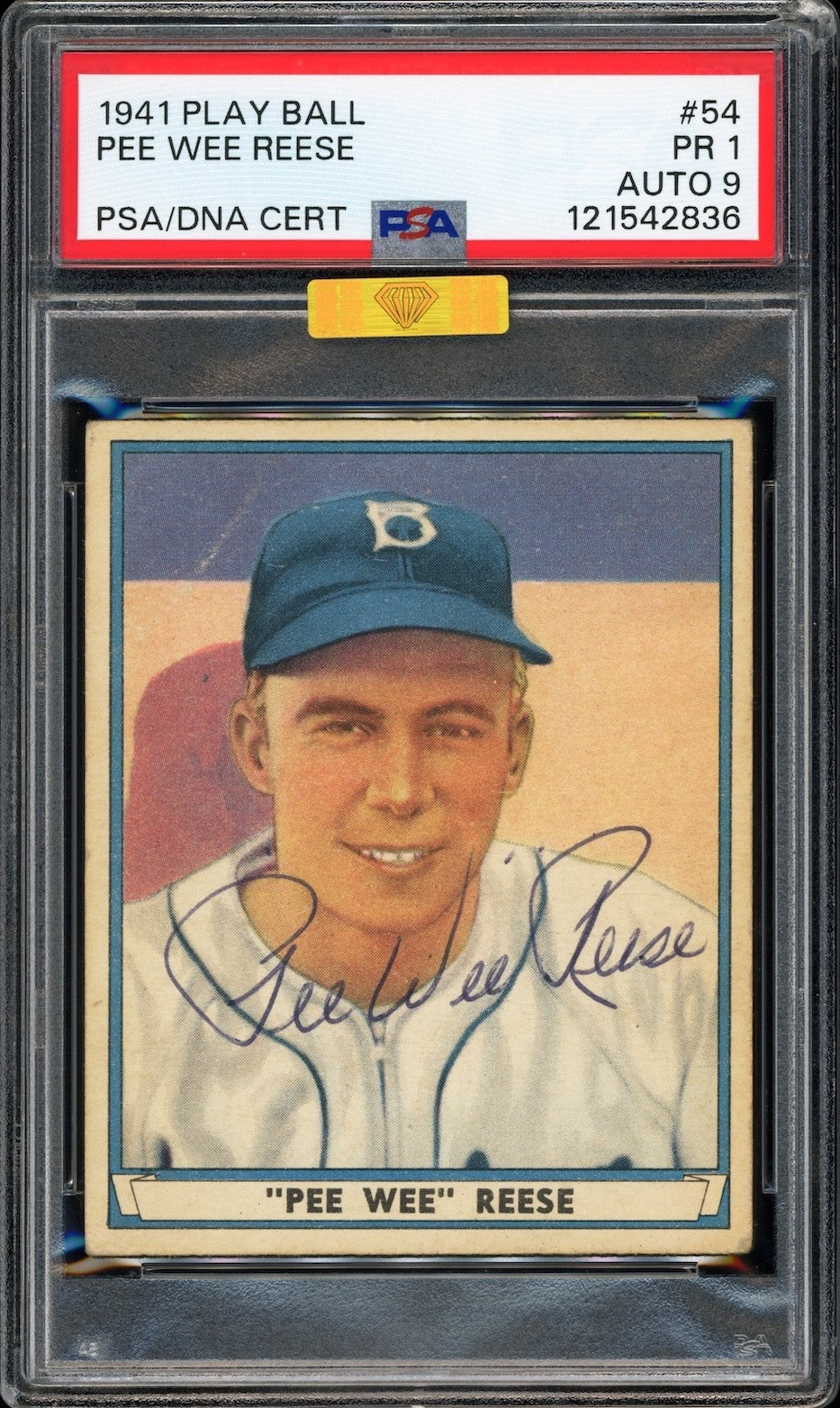 Pee Wee Reese Signed 1941 Play Ball PSA 1, Auto 9 MBA GOLD DIAMOND