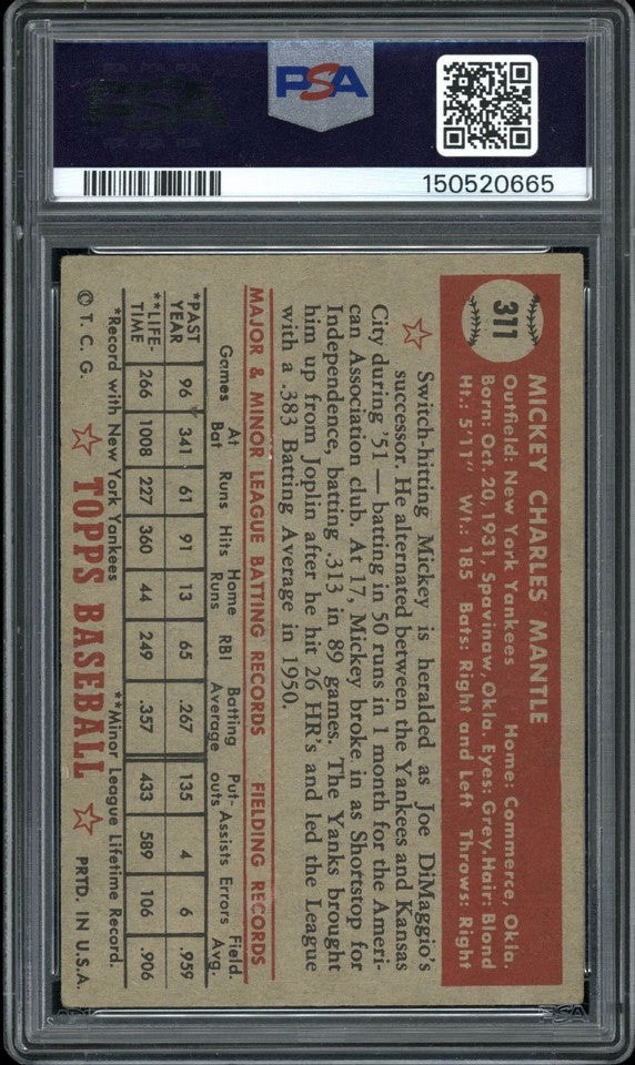 Mickey Mantle 1952 Topps Card #311 PSA Authentic Altered *Bright Blue No PD*