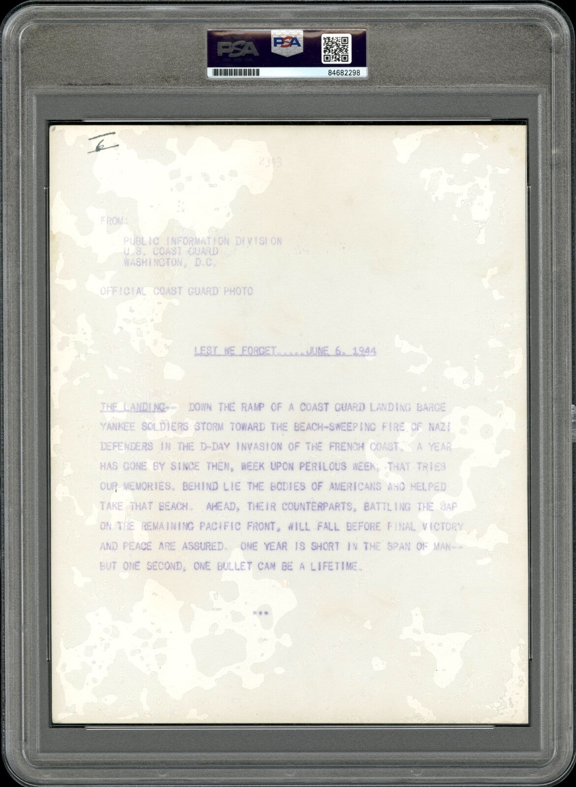 D-Day June 6th, 1944 Omaha B. WWII Original Type 1 Photo PSA/DNA *Jaws of Death*