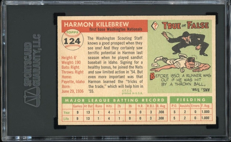 Harmon Killebrew 1955 Topps Rookie Baseball Card #124 *CENTERED*
