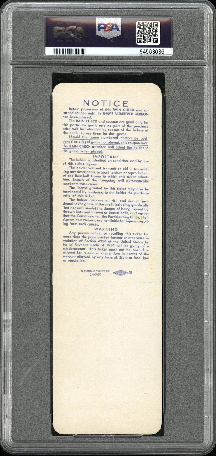 1958 World Series Game 1 Full Ticket Yankees/Braves PSA 8 *Warren Spahn 10IP W*