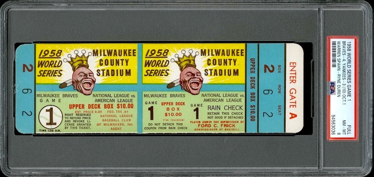 1958 World Series Game 1 Full Ticket Yankees/Braves PSA 8 *Warren Spahn 10IP W*