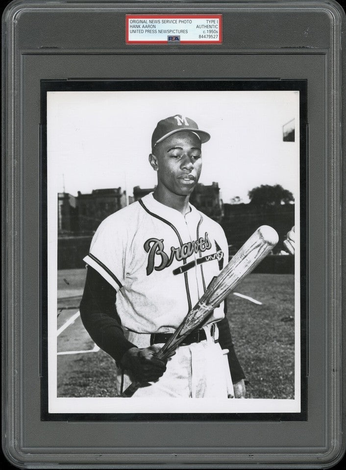 Hank Aaron 1950's *Rookie Era* Braves with Bat Type 1 Original Photo PSA/DNA