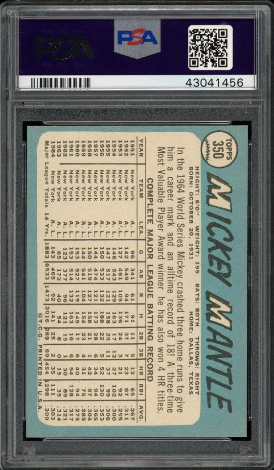 Mickey Mantle 1965 Topps Yankees Card #350 PSA 9 "High-End Centered *