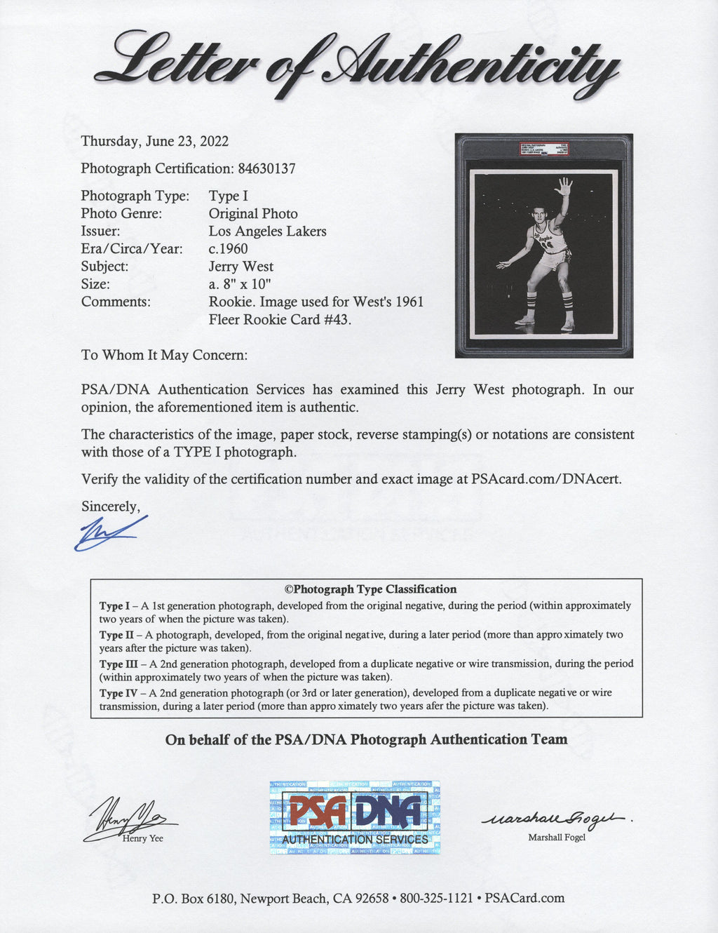 Jerry West 1960 Rookie Type I Original Photo PSA/DNA **1961 Fleer Card Image**