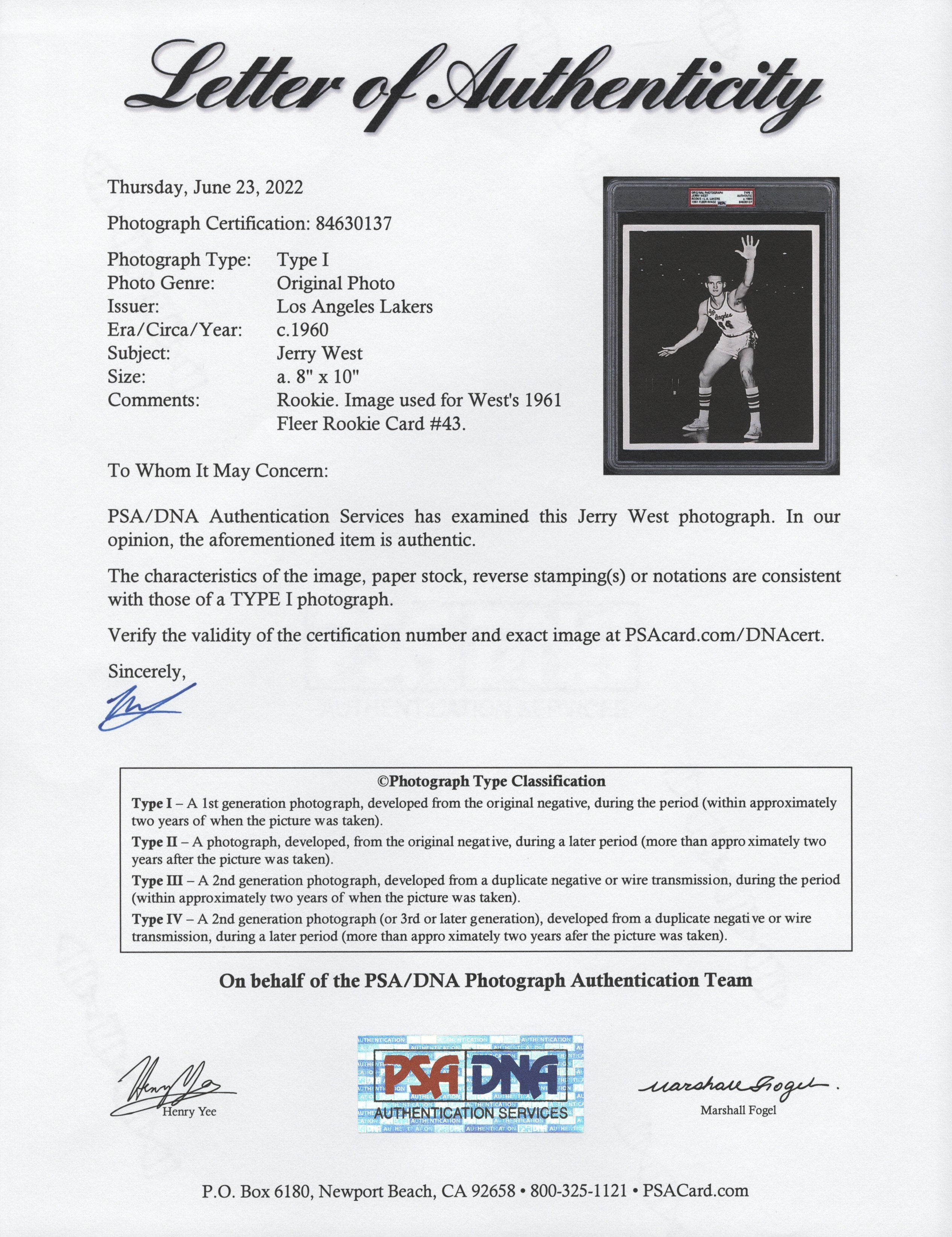 Jerry West 1960 Rookie Type I Original Photo PSA/DNA **1961 Fleer Card Image**