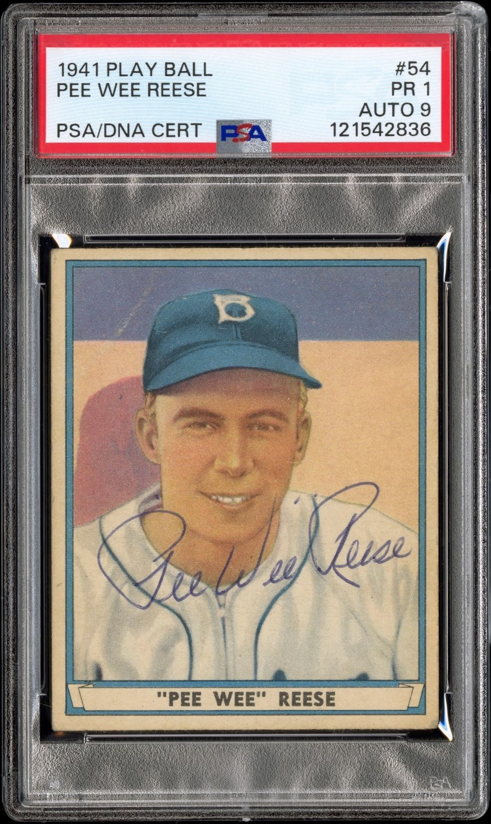 Pee Wee Reese Signed 1941 Play Ball PSA 1, Auto 9