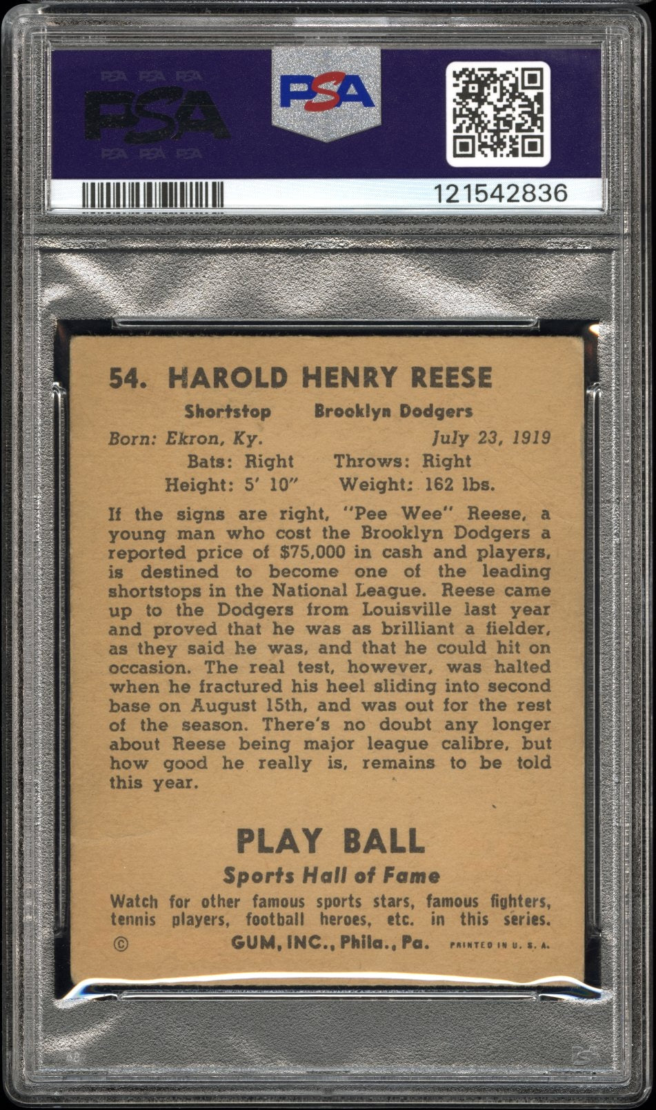 Pee Wee Reese Signed 1941 Play Ball PSA 1, Auto 9
