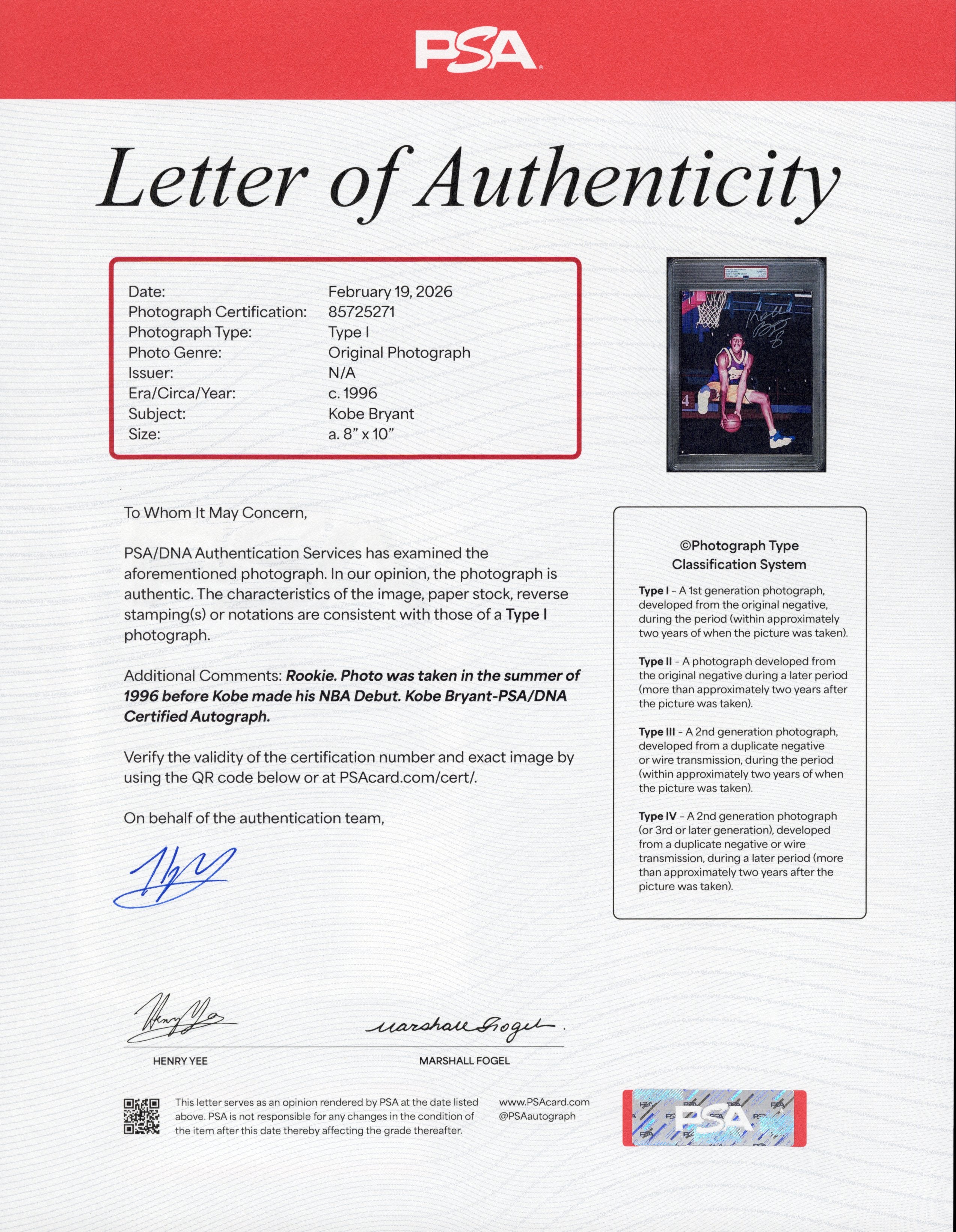 Kobe Bryant 1996 Rookie Type I Original Photo PSA/DNA *Lakers Debut w/AUTO*