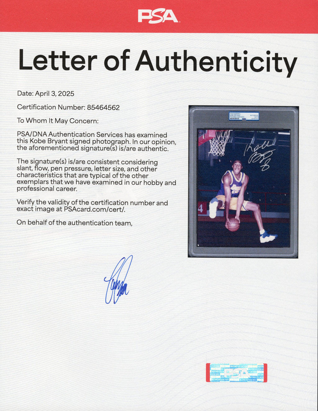 Kobe Bryant 1996 Rookie Type I Original Photo PSA/DNA *Lakers Debut w/AUTO*
