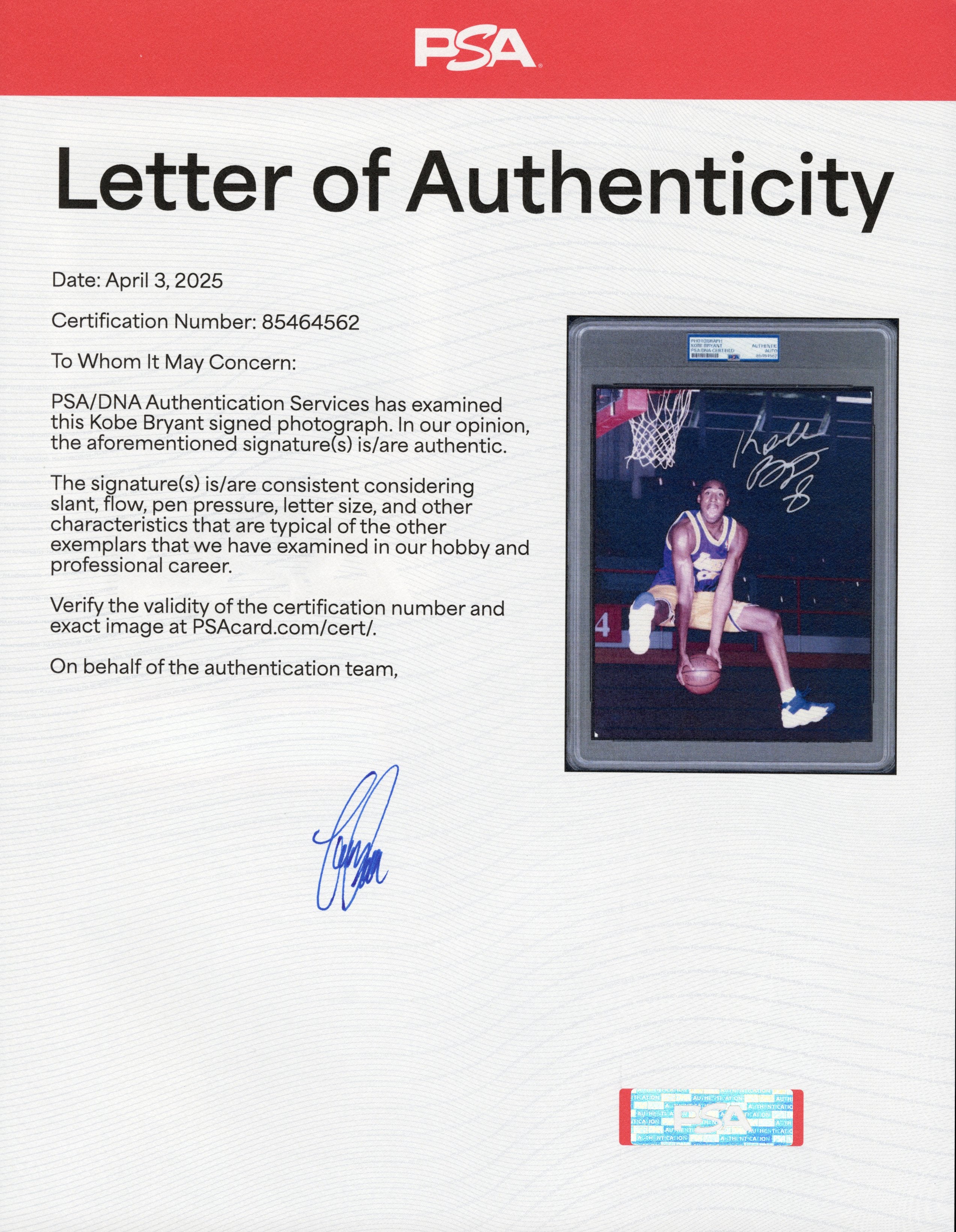 Kobe Bryant 1996 Rookie Type I Original Photo PSA/DNA *Lakers Debut w/AUTO*