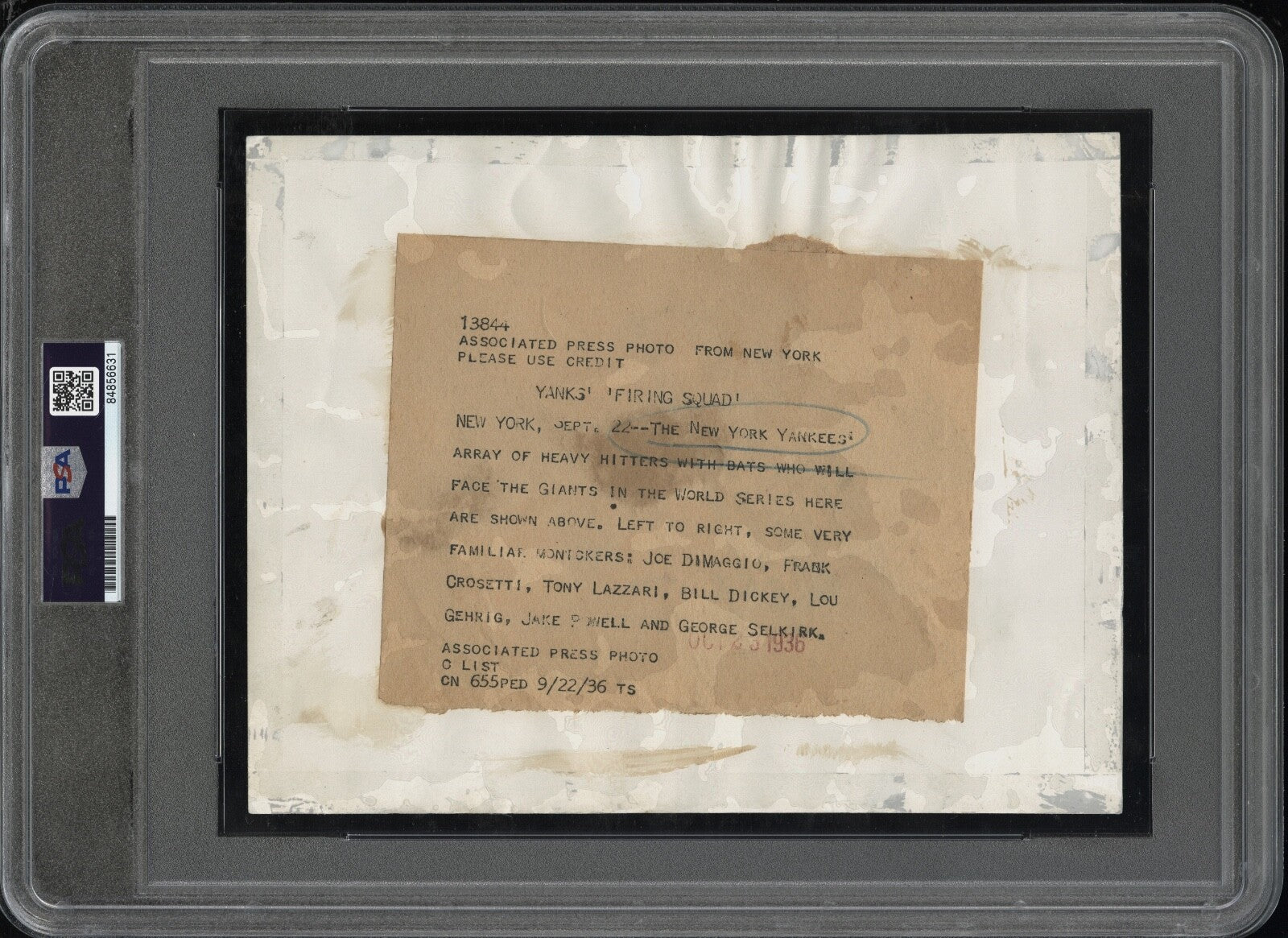 Joe DiMaggio 1936 Rookie Type I Original Photo PSA/DNA Yanks Sluggers w/Gehrig