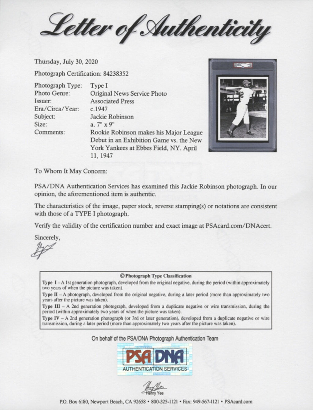 Jackie Robinson 1947 Rookie Type I Original Photo PSA/DNA *Pro Debut April 11th*