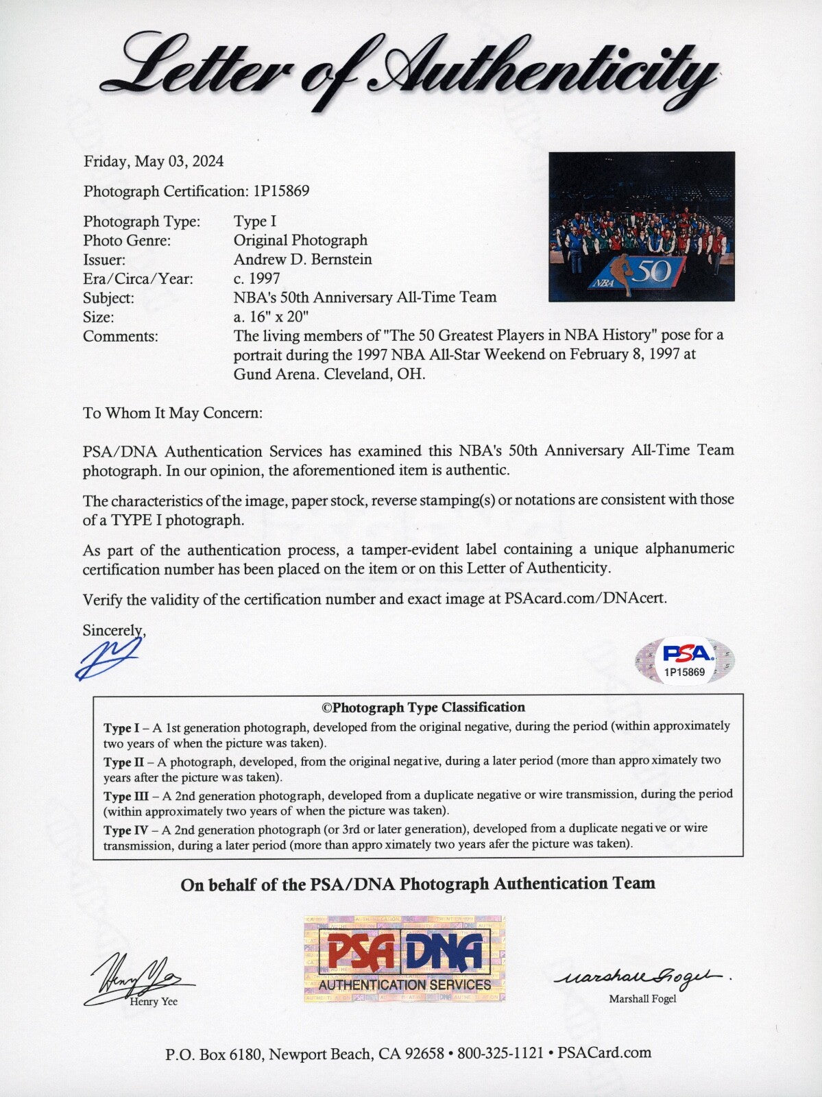 1997 NBA 50 Greatest Players Type 1 Original Color Photo PSA/DNA Very Rare!