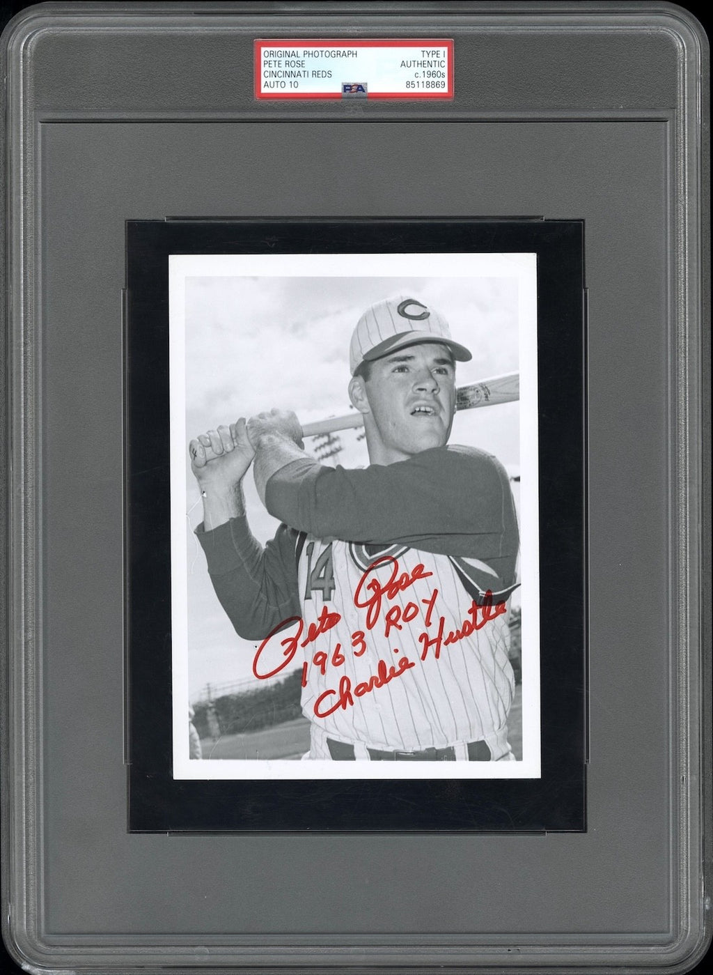 Pete Rose 1960’s Rookie Era Type I Original Photo PSA/DNA Signed w Inscription PSA 10